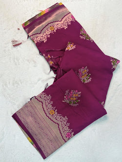 Delightful Wine Banarasi Georgette Silk Saree With Resplendent Blouse Piece