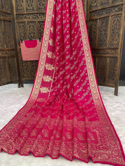 Embrocation Dark Pink Banarasi Dola Silk Saree With Conflate Blouse Piece