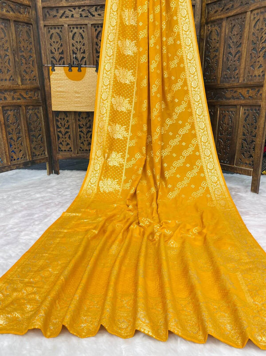 Diaphanous Mustard Banarasi Dola Silk Saree With Ephemeral Blouse Piece