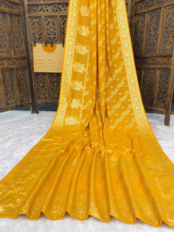 Diaphanous Mustard Banarasi Dola Silk Saree With Ephemeral Blouse Piece