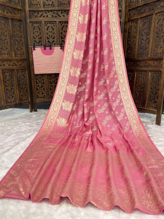 Demure Pink Banarasi Dola Silk Saree With Desultory Blouse Piece