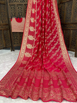 Ideal Red Banarasi Dola Silk Saree With Scintillating Blouse Piece