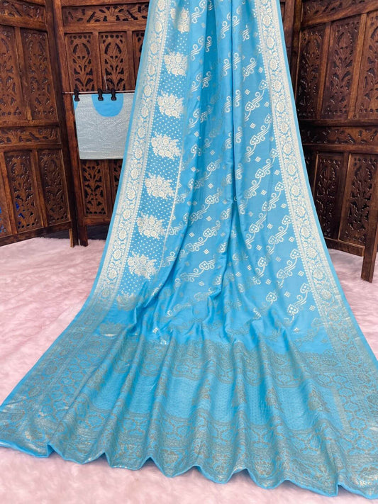 Classic Sky Banarasi Dola Silk Saree With Assemblage Blouse Piece
