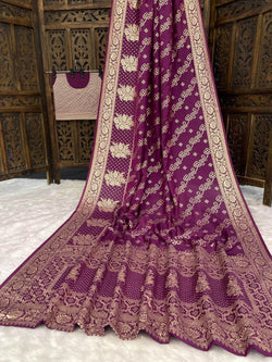 Exceptional Wine Banarasi Dola Silk Saree With Adorning Blouse Piece