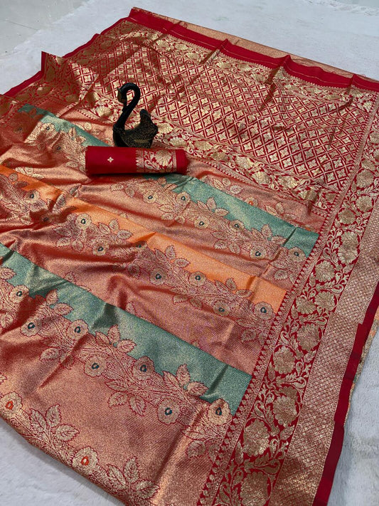 Impressive Multicolor Pure Zari Weaving Banarasi Silk Saree With Dissemble Blouse Piece