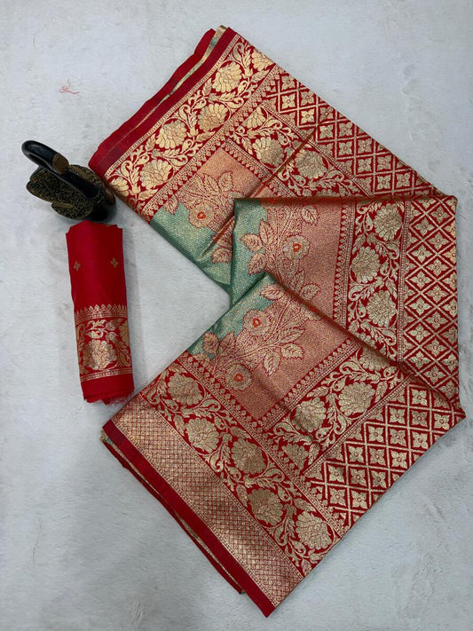 Impressive Multicolor Pure Zari Weaving Banarasi Silk Saree With Dissemble Blouse Piece