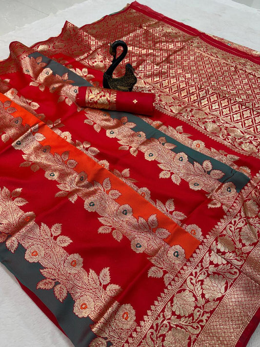 Nectarous Multicolor Pure Zari Weaving Banarasi Silk Saree With Ailurophile Blouse Piece