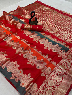 Nectarous Multicolor Pure Zari Weaving Banarasi Silk Saree With Ailurophile Blouse Piece