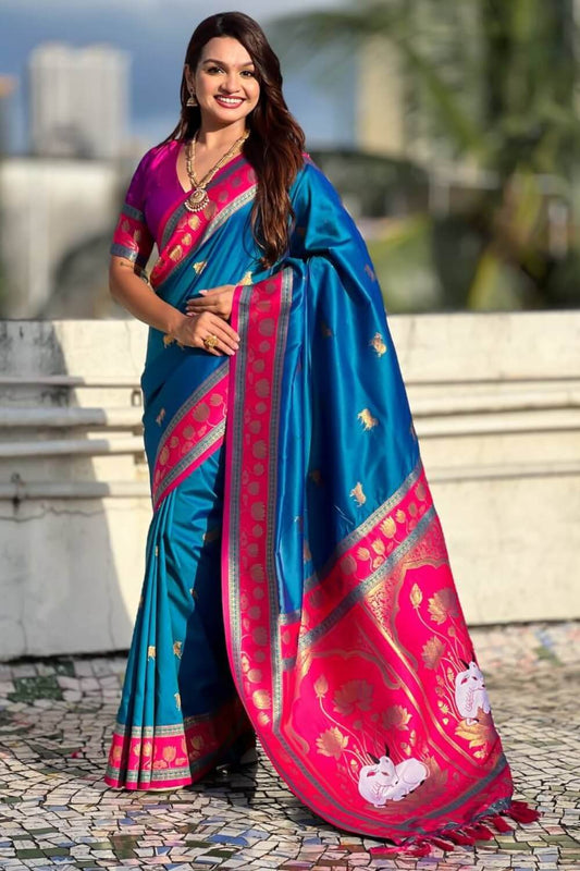 Ephemeral Blue Banarasi Pichwai Silk Saree With Supernal Blouse Piece