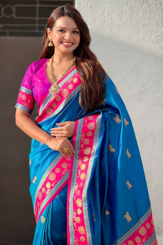 Ephemeral Blue Banarasi Pichwai Silk Saree With Supernal Blouse Piece