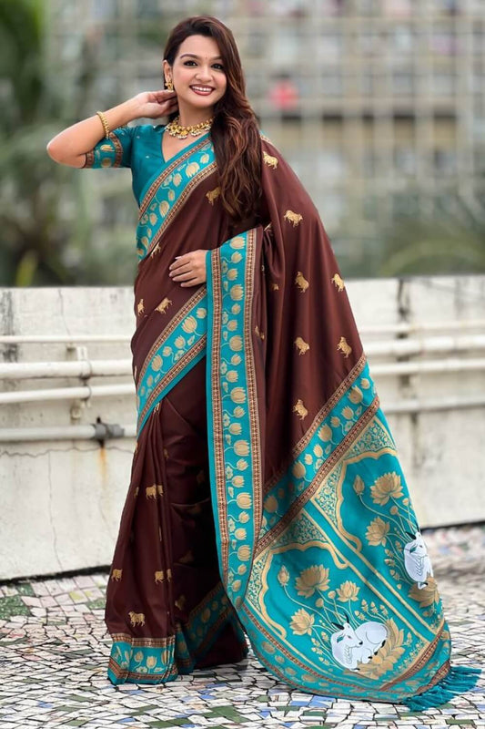 Splendiferous Brown Banarasi Pichwai Silk Saree With Nectarous Blouse Piece
