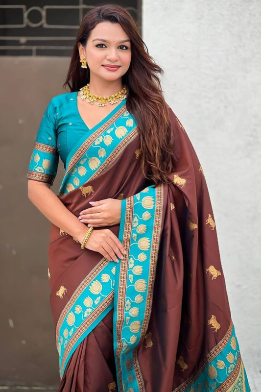 Splendiferous Brown Banarasi Pichwai Silk Saree With Nectarous Blouse Piece
