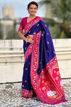 Eloquence Navy Blue Banarasi Pichwai Silk Saree With Glamorous Blouse Piece