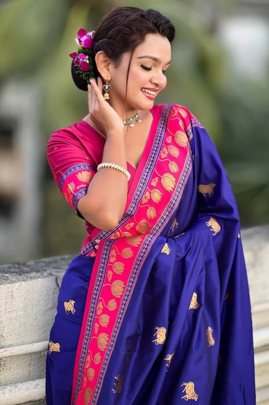 Eloquence Navy Blue Banarasi Pichwai Silk Saree With Glamorous Blouse Piece
