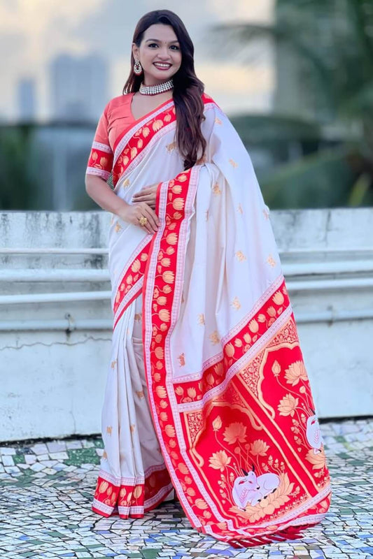 Palimpsest Off White Banarasi Pichwai Silk Saree With Rhapsodic Blouse Piece