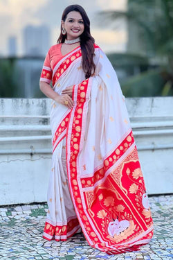 Palimpsest Off White Banarasi Pichwai Silk Saree With Rhapsodic Blouse Piece