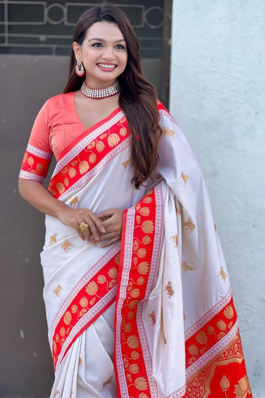 Palimpsest Off White Banarasi Pichwai Silk Saree With Rhapsodic Blouse Piece
