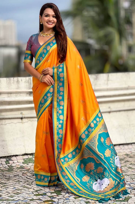 Quintessential Orange Banarasi Pichwai Silk Saree With Precious Blouse Piece