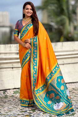 Quintessential Orange Banarasi Pichwai Silk Saree With Precious Blouse Piece