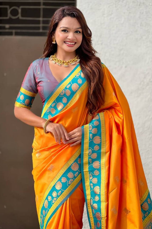 Quintessential Orange Banarasi Pichwai Silk Saree With Precious Blouse Piece