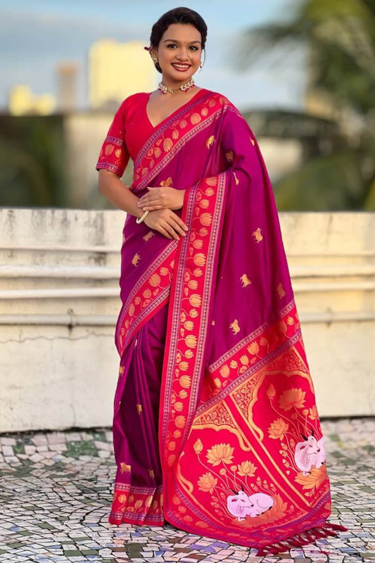 Delectable Purple Banarasi Pichwai Silk Saree With Assemblage Blouse Piece