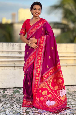 Delectable Purple Banarasi Pichwai Silk Saree With Assemblage Blouse Piece