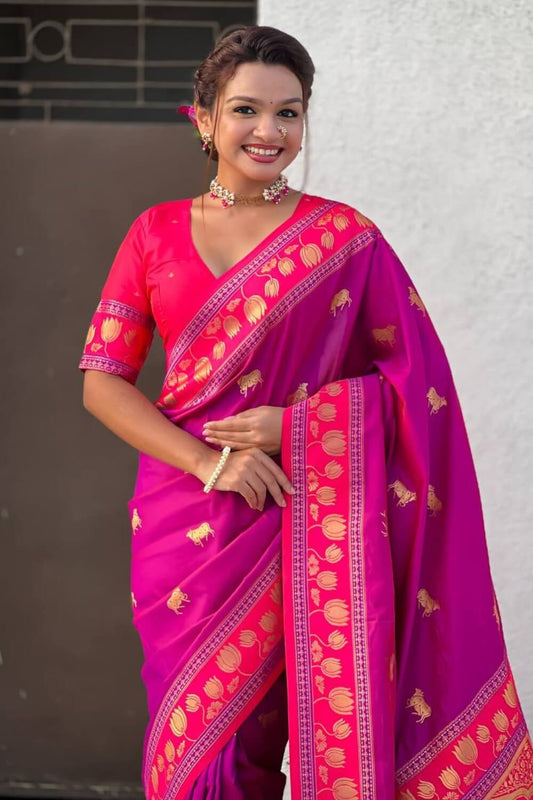 Delectable Purple Banarasi Pichwai Silk Saree With Assemblage Blouse Piece