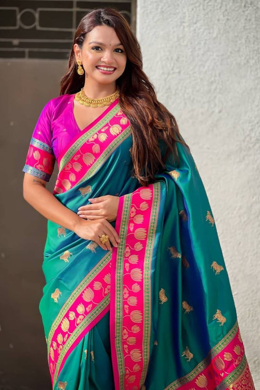 Sensational Rama Banarasi Pichwai Silk Saree With Ailurophile Blouse Piece
