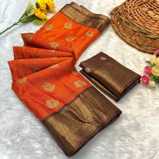 Confounding Orange Banarasi Dola Silk Saree With Verdant Blouse Piece