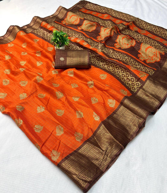 Confounding Orange Banarasi Dola Silk Saree With Verdant Blouse Piece