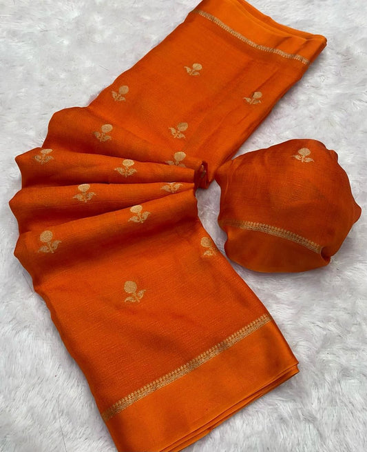 Unique Orange Banarasi Khadi Silk Saree With Staring Blouse Piece