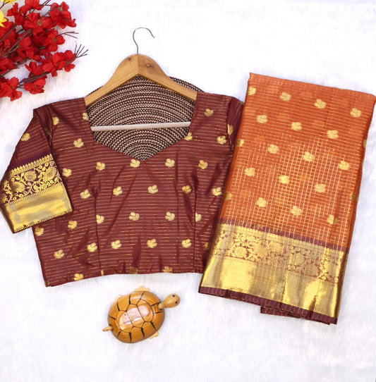 Luminous Orange Banarasi Tissue Silk Saree With Desiring Blouse Piece