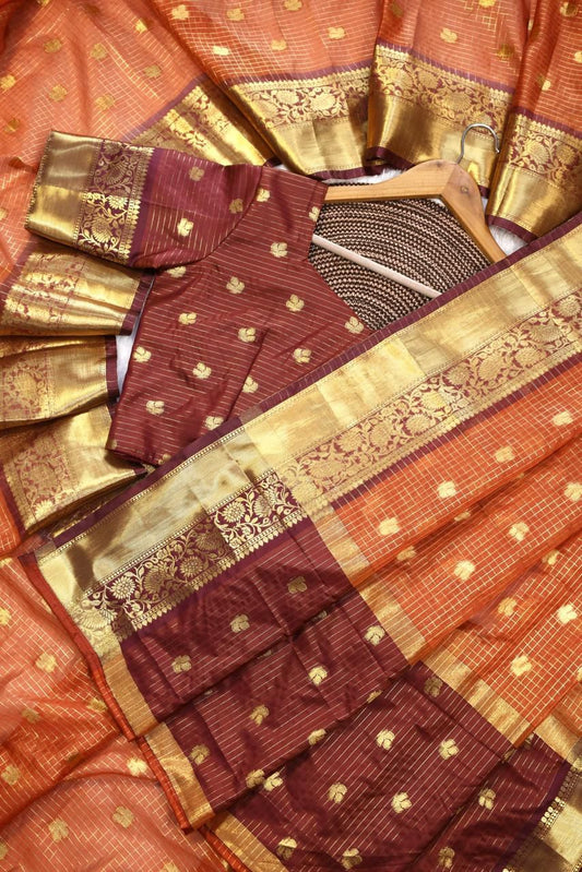 Luminous Orange Banarasi Tissue Silk Saree With Desiring Blouse Piece