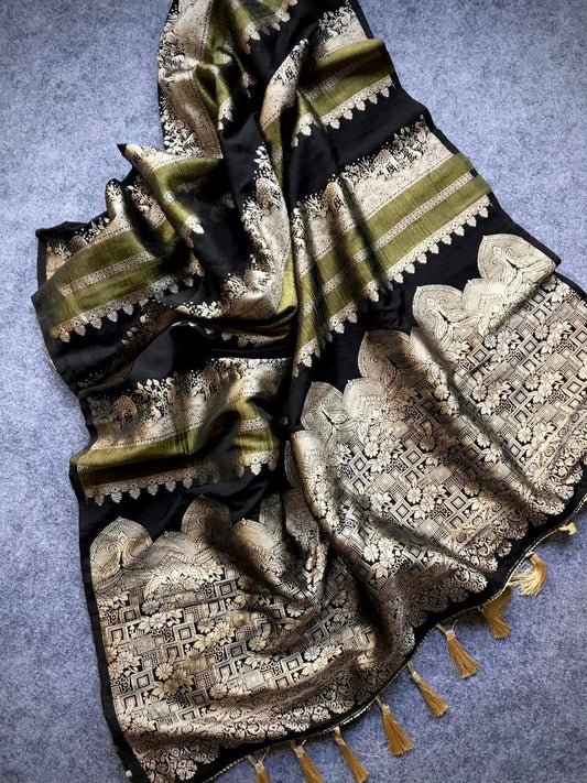 Amazing Black Banarasi Dola Silk Saree With Devastating Blouse Piece