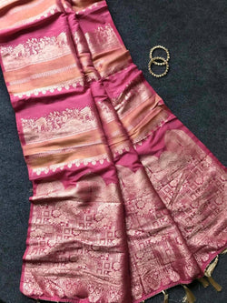 Enthralling Pink Banarasi Dola Silk Saree With Surpassing Blouse Piece