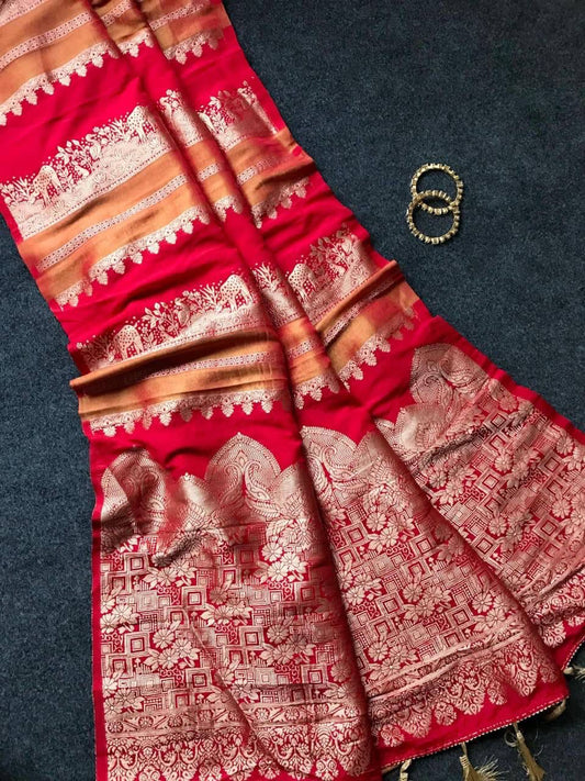Cynosure Red Banarasi Dola Silk Saree With Brood Blouse Piece