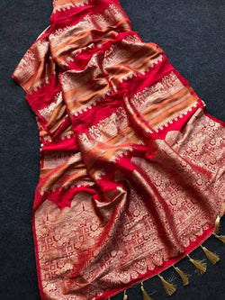 Cynosure Red Banarasi Dola Silk Saree With Brood Blouse Piece