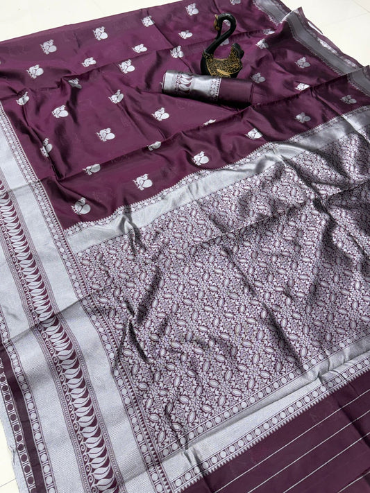Pleasant Wine Soft Silk Saree With Fugacious Blouse Piece