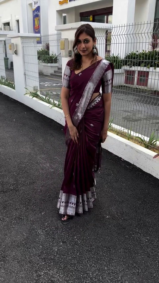 Pleasant Wine Soft Silk Saree With Fugacious Blouse Piece