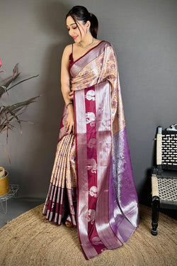 Designer Beige Kanjivaram Silk Saree With Pleasurable Blouse Piece