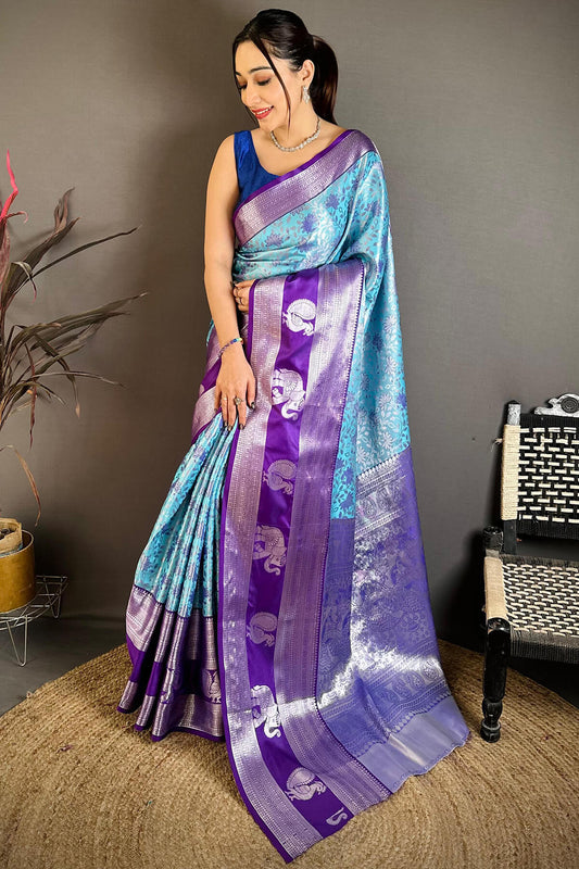 Rhapsody Firozi Kanjivaram Silk Saree With Amiable Blouse Piece