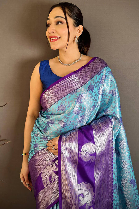 Rhapsody Firozi Kanjivaram Silk Saree With Amiable Blouse Piece