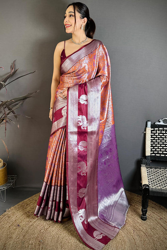 Evanescent Orange Kanjivaram Silk Saree With Angelic Blouse Piece