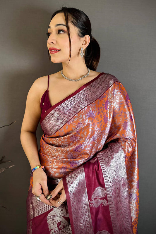 Evanescent Orange Kanjivaram Silk Saree With Angelic Blouse Piece