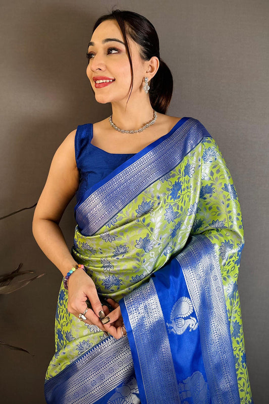 Serendipity Pista Kanjivaram Silk Saree With Ethereal Blouse Piece