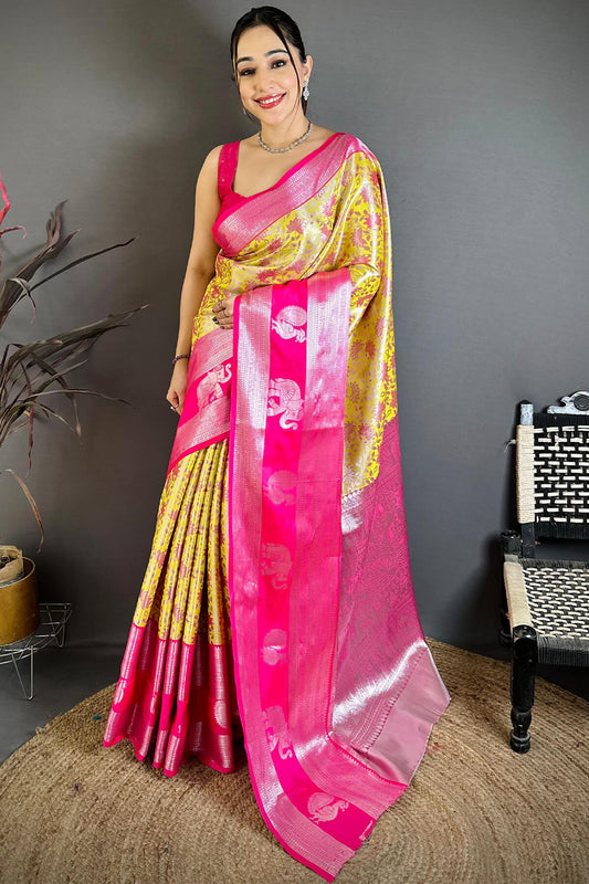 Profuse Yellow Kanjivaram Silk Saree With Ornate Blouse Piece