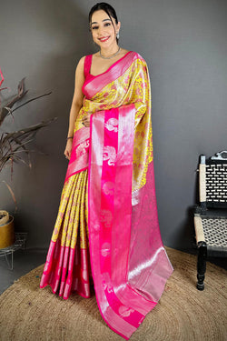 Profuse Yellow Kanjivaram Silk Saree With Ornate Blouse Piece