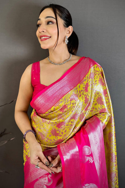 Profuse Yellow Kanjivaram Silk Saree With Ornate Blouse Piece