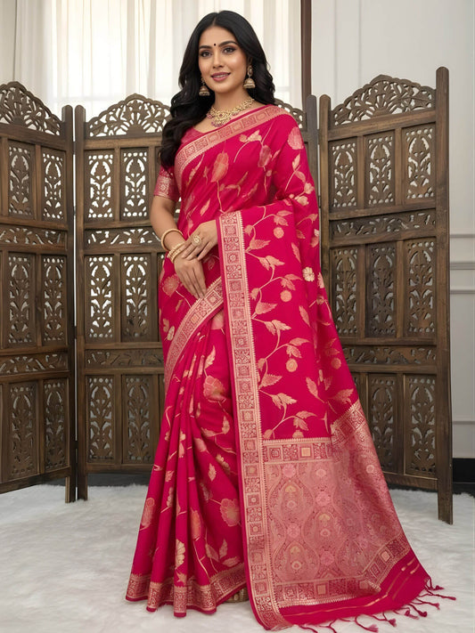 Most Devastating Dark Pink Banarasi Dola Silk Saree With Splendiferous Blouse Piece