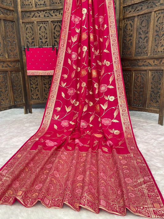 Most Devastating Dark Pink Banarasi Dola Silk Saree With Splendiferous Blouse Piece